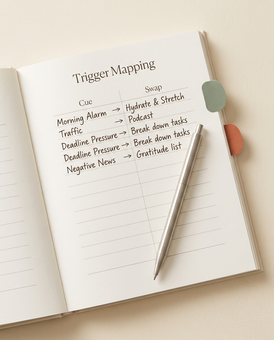 Open trigger-mapping workbook spread with cue and swap columns